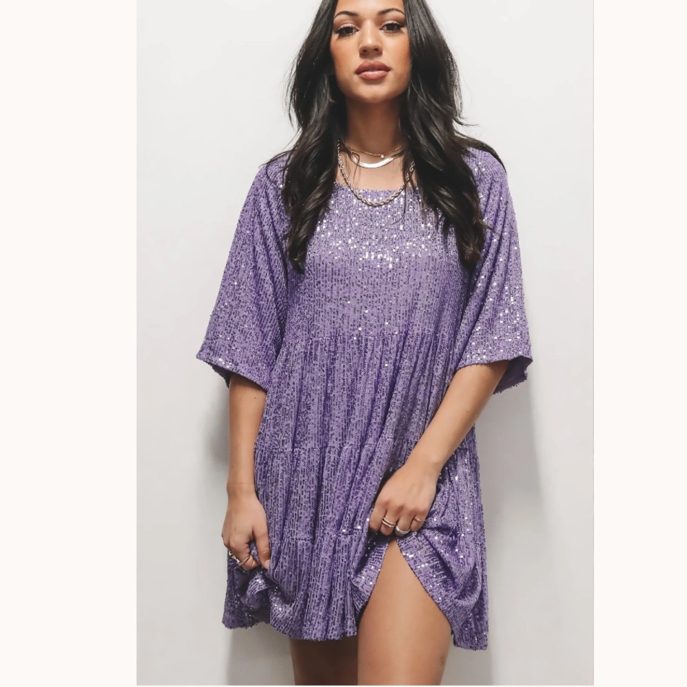 Amazing Lace MY QUEEN SEQUIN BABY DOLL DRESS Medium Lavender